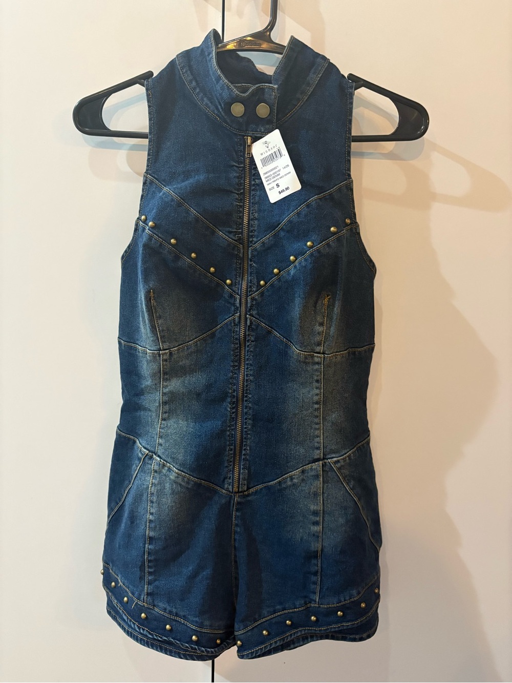 Sleeveless Denim Romper with Stud Detail - Blue